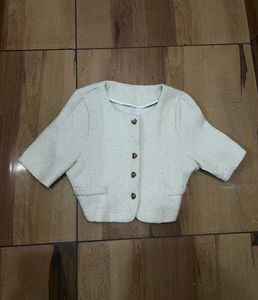 Cream Textured tweed Cropped Jacket
