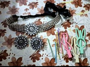 Boho Oxidised Silver Choker Set with belt