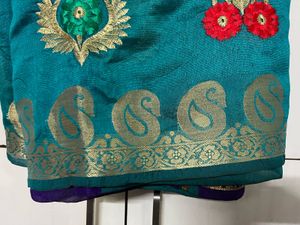 Teal Embroidered Saree no blouse