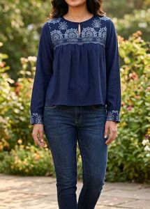 Elegant Navy Blue Embroidered Blouse