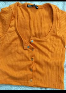Orange Ribbed Button-Up Crop Top