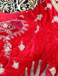 Red Velvet Lehenga Choli with Gold Embroidery