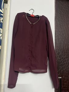 Burgundy Sheer Button-Down Top
