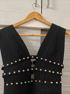Black Studded V-Neck Bandage Dress