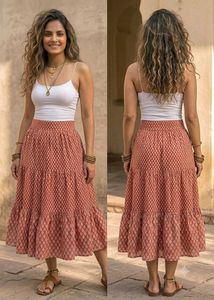 🎀🍁Fabindia_Tiered Block-Print Midi Skirt🍁🎀