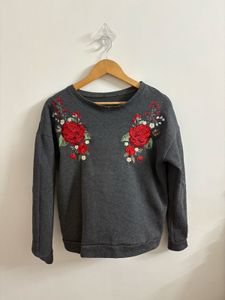 Dark Gray Embroidered Rose Sweatshirt
