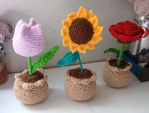 Crocheted Tulip , sunflower ,rose Potted Plant