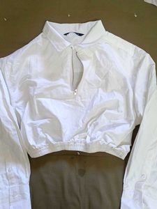 White Cropped Zip Up Shirt