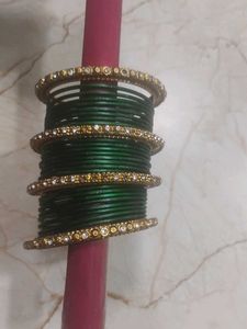 Set of Emerald Green Bangles with Embellishments