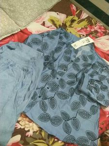 Light Blue Leaf Print Kurta Set