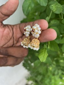 Elegant Pearl &amp; Ruby Jhumka Earrings