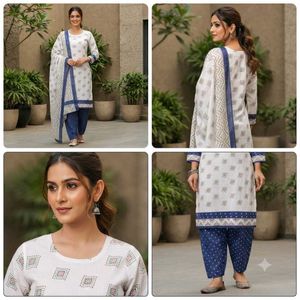 Elegant White &amp; Blue Printed Kurta Set