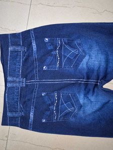 Blue Handwork Rhinestone Denim Leggings