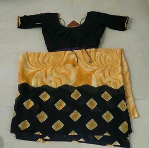 Yellow &amp; Blue printed Saree
