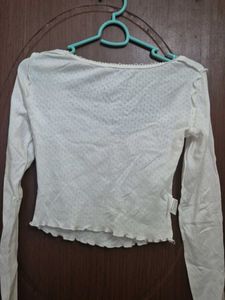 Off-White Pointelle Knit Long Sleeve Top with Lace