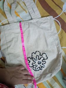 Beige Tote Bag with Sequin Flower