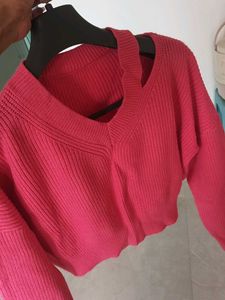Bright Pink V-Neck Knit Sweater