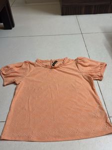 Peach Eyelet Puff Sleeve Top