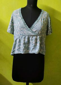 Powder Blue Floral Print V-Neck Top Tunic