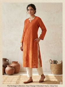 Rust Orange Chikankari Kurta