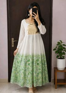 White & Green Floral Printed Long Frock