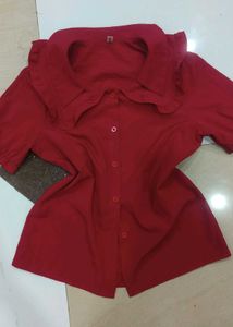 Chic Red Ruffled Collar Blouse