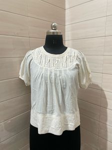 Calvin Klein Cream Puff Sleeve Smocked Top