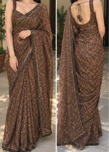 Brown Floral Print Saree