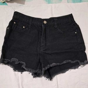 Black Denim Frayed Hem Shorts