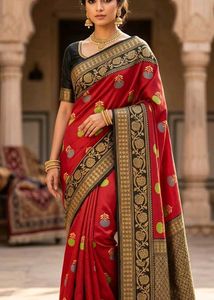 Red &amp; Black Floral Handloom Saree