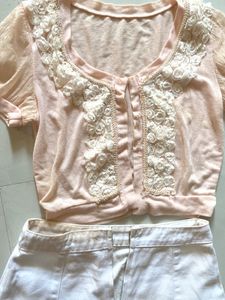 Light Pink Cropped Cardigan Top &amp; Skirt