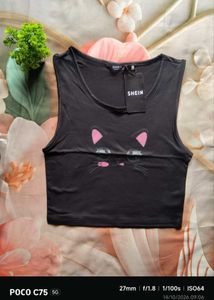 Cute Black Crop Top with Cat Design