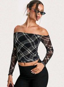 Sheer Plaid Off-Shoulder Top