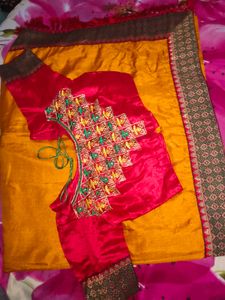 Vibrant Yellow &amp; Red Saree with Embellished Blouse