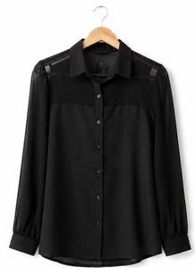 Chic Sheer Panel Black Button-Up Shirt