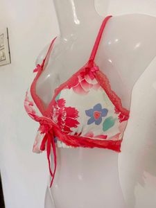 Floral Print Bra with Lace Trim