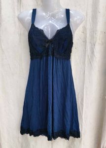 I. Lace Trimmed Navy Night Slip Dress