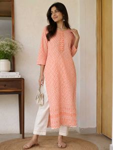 Peach Printed Kurta with White Pants