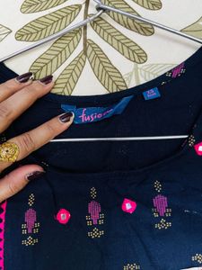 Blue Kurta with Pink Embroidery