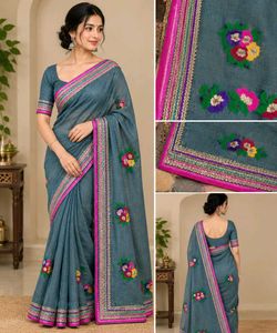 Embroidered Blue Cotton Saree