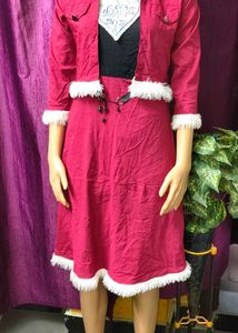 Girls Maroon Kurta with Fur jocket Set