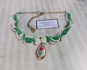 Vintage Style Hand Beaded Clay Pendant Choker