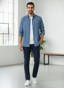 Men's Blue Textured Long Sleeve Shirt