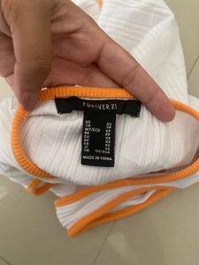 Ribbed White Crop Tank with Orange Trim