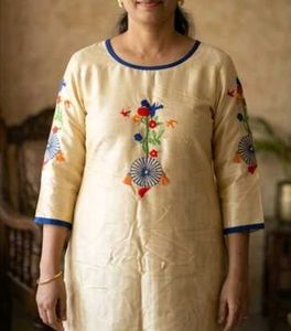 Embroidered Kurta with Blue Neckline