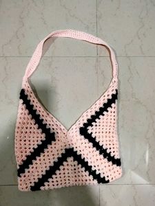 Crocheted Pink &amp; Black Tote Bag