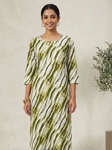 Green & White Abstract Print Kurta