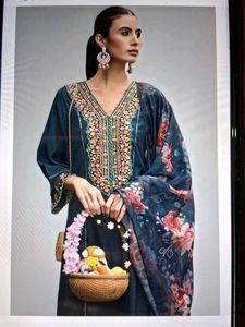 Embroidered Teal Kurta with Trouser and Dupatta.