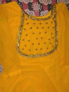 Yellow Kurta with Embellished Neckline