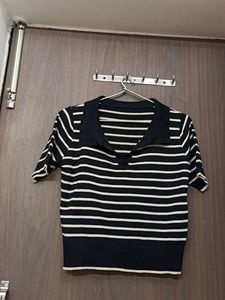 Striped Collared Knit Top for M &amp;L